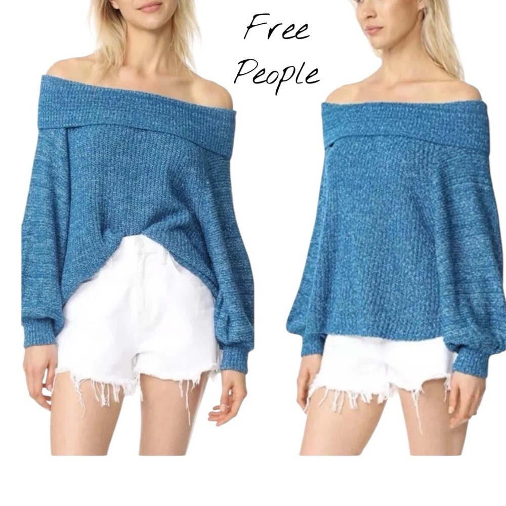 Free People Edessa Pullover Blue Off Shoulder Knit Sweater Balloon Sleeve Size S